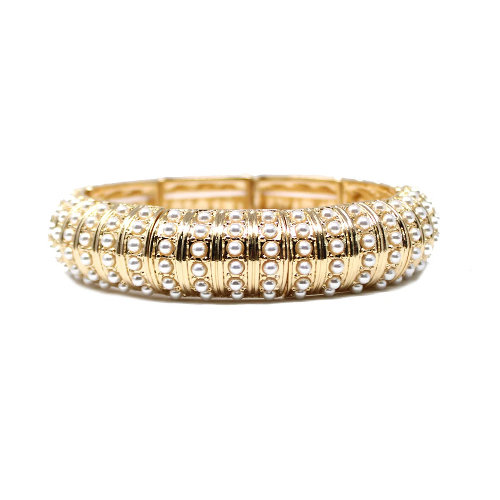 WH Pearl Pave Beaded on Gold Stretch Bracelet